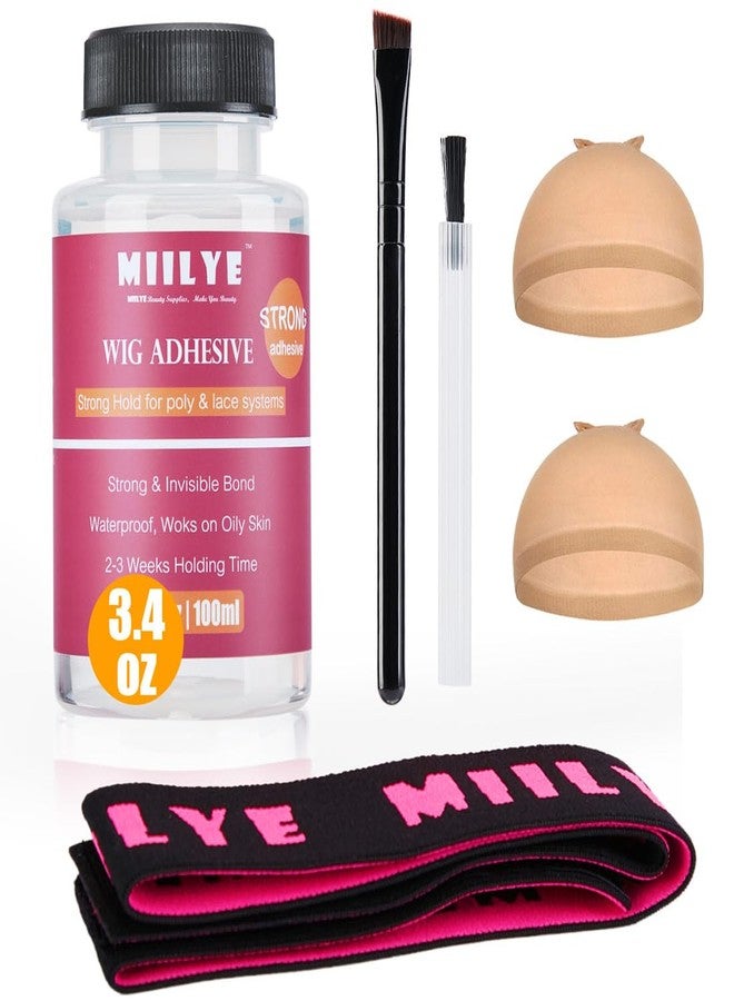MIILYE Clear Wig Glue Pack, 3.4OZ/100ml Waterproof Adhesive for Toupee Hair Replacement, Strong Hold Acrylic for Front Lace Wig, With Melting Band, Brush and Caps - Image 1